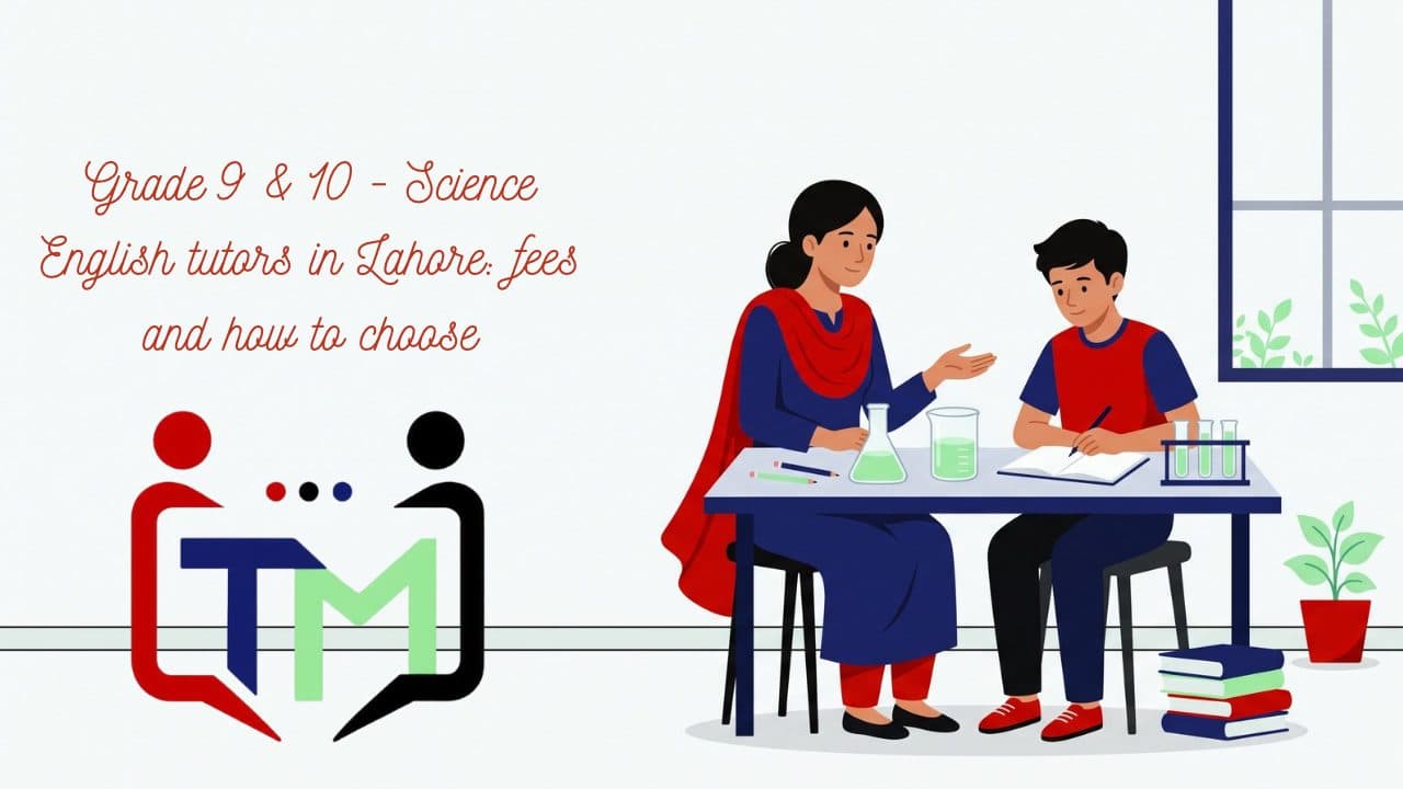 Cover for “Grade 9 & 10 - Science English tutors in Lahore: fees and how to choose”: the Lahore skyline, a student, a fountain pen and a wallet.